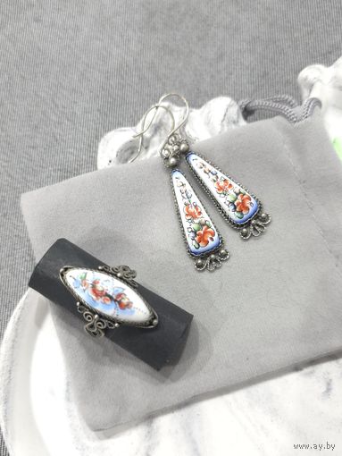 Серьги и кольцо скань, цветочная финифть, винтаж, СССР, мельхиор