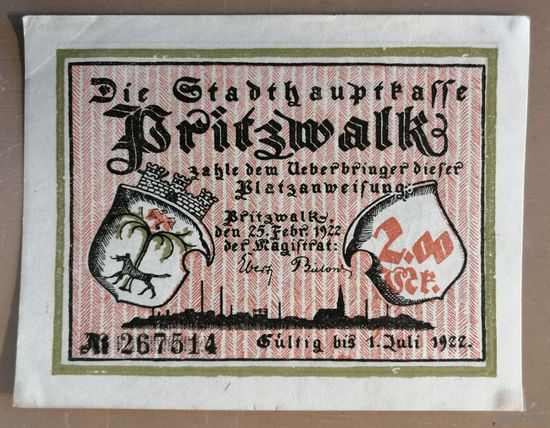 Германия, нотгельды, 2 марки 1922 год, Бритц (Britz), чек на предъявителя, крайне редкая.