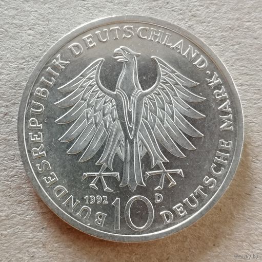 Германия 10 марок 1992 г, 150 лет ордену Pour-le-Merite за заслуги в науке и искусстве, KM# 179