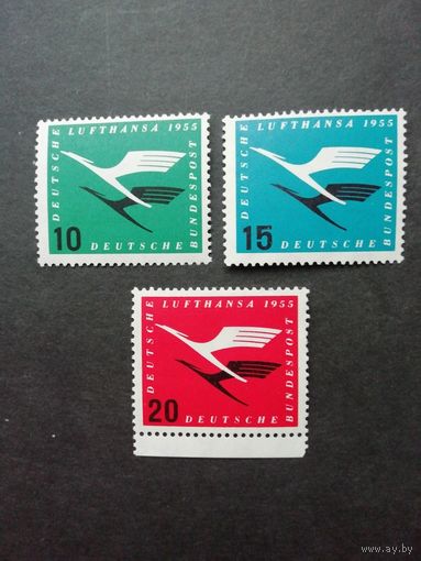 ФРГ 1955 Серия из трех марок (неполная) "Начало полетов самолетов немецкой компании "Люфтганза"" (чистые**) Mi.206-208 каталог 38.70 евро с учетом отсутствия марки Mi.205