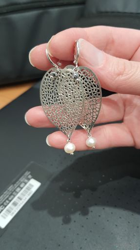 Серьги Физалис, ажурные серебристые с натуральным жемчугом. Лот С 1 РУБЛЯ! много лотов!