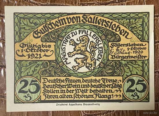 Нотгельд 25 пфеннигов 1920 год. Фаллерслебен. Веймарская республика