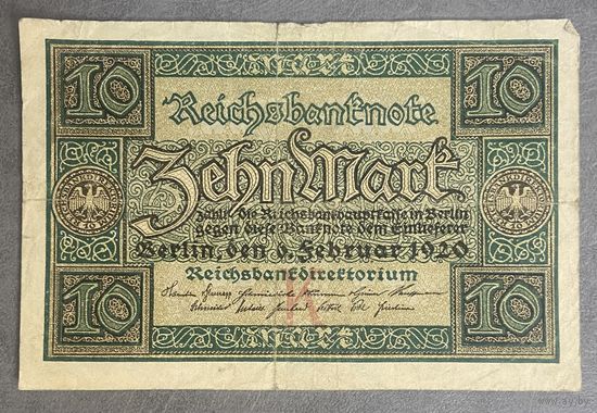 Банкнота 10 марок. 1920 год. Веймарская республика. С рубля без МЦ.