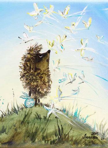 Открытка. Фауна. Животные. Ёжик в тумане и бабочки. Ёж. Мультфильм. (чистая)