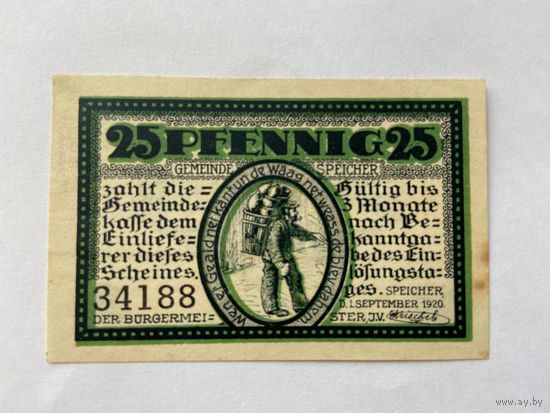 Нотгельд 25 пфеннигов Шпейхер. Веймарская республика - 1602