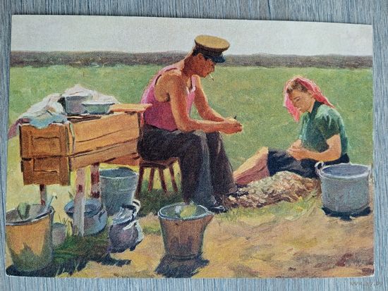 1955. соцреализм. Перед обедом. На целине в Казахстане