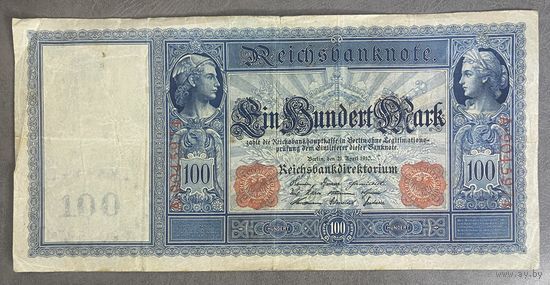 Банкнота 100 марок 1910 год. Красная печать. Германская империя. С рубля без МЦ.