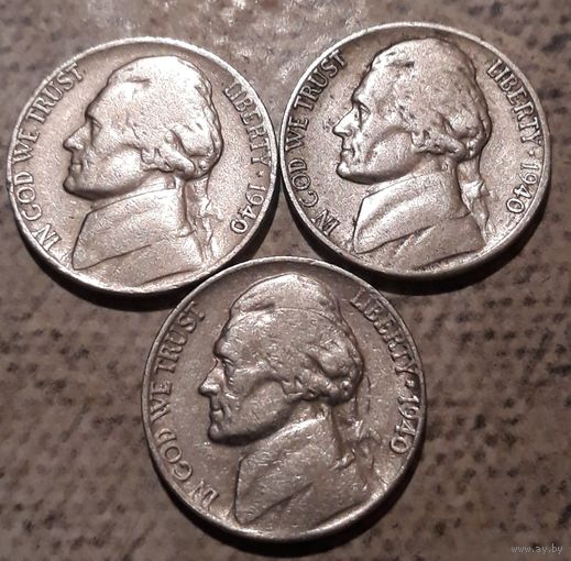 5 центов  1940 P D S США Джеферсон все 3 МД