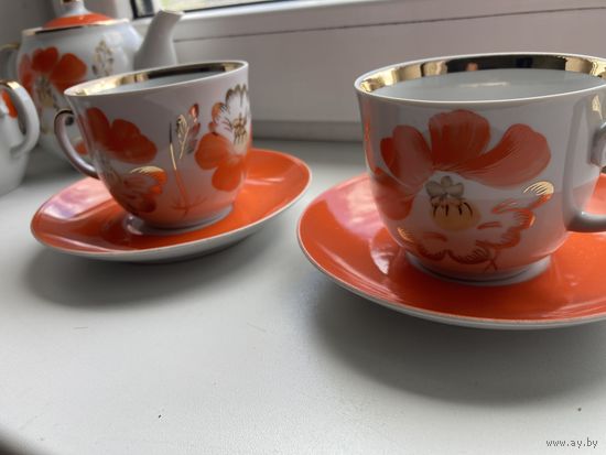 КАЧЕСТВЕНННЫЙ !!Редкий старинный чайный сервиз маки фарфор СССР барановка Барановский фарфоровый завод на 8 пар(ПЕРСОН)