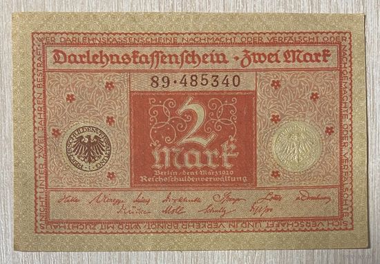 Банкнота 2 марки 1920 год. Веймарская республика. С рубля без МЦ.