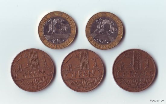 10 франков 1975, 1976, 1977, 1989, 1991. Франция.