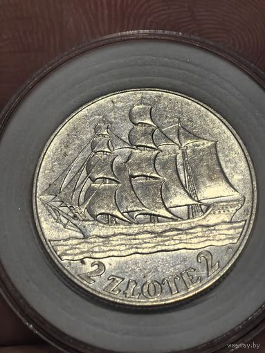 2 злотых 1936 кораблик очень яркая красивая монета
