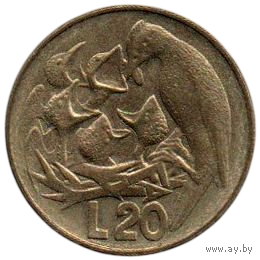 РЕСПУБЛИКА САН МАРИНО 20 ЛИР 1975. ЛЮБОВЬ У ЖИВОТНЫХ. ФАУНА. ДЯТЕЛ С ПТЕНЦАМИ