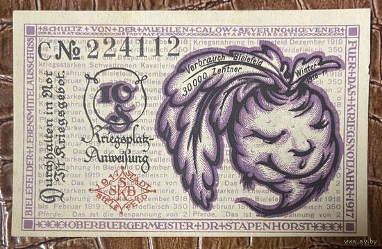 Нотгельд 10 пфеннигов 1919 год. Билефельд. Веймарская республика