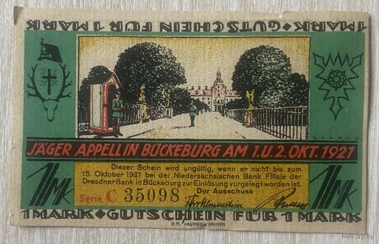 Нотгельд 1 марка 1921 год. Бюккебург. Веймарская республика