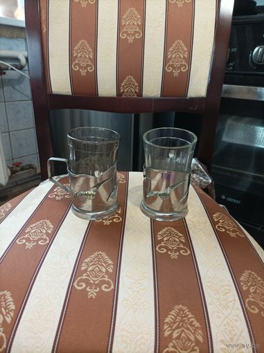 Пара подстаканников со стаканами. СССР нержавеющая сталь