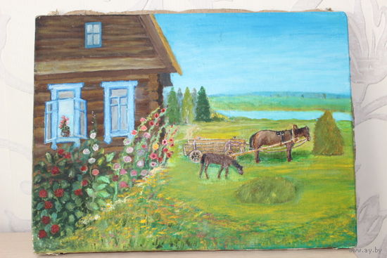 Картина , " Деревенский двор", холст на подрамнике. масло.2018 год.Р. 38.0 х28.0 см.
