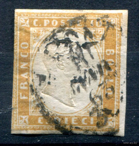 Королевство Сардиния-Пьемонт, Италия - 1855/63г. - король Виктор Эммануил II, 10 с - 1 марка - гашёная [Mi 11 а]. #1-It-22-A-2