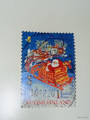 Финляндия 1990 марка с изображением Санта-Клауса на санях