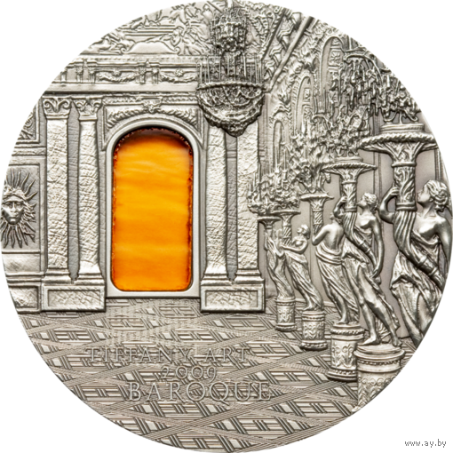 RARE Палау 10 долларов 2009г. Тиффани "Tiffany Art: БАРОККО: Зеркальная галерея". Монета в капсуле; подарочном футляре; коробка. СЕРЕБРО 62,20гр.(2 oz).