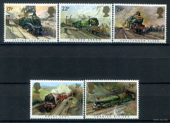Великобритания - 1985г. - поезда, 150 лет великой западной железнодорожной компании - 5 марок - полная серия, MNH [Mi 1017-1021]. #3-GB-Z-1-16