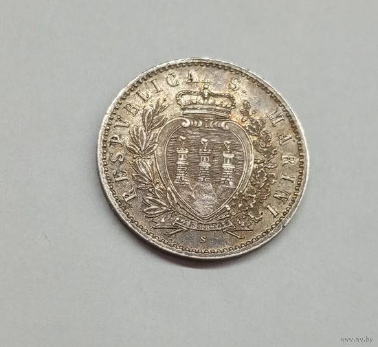 Сан-Марино 50 чентезимо 1898 год.Серебро.Редкая