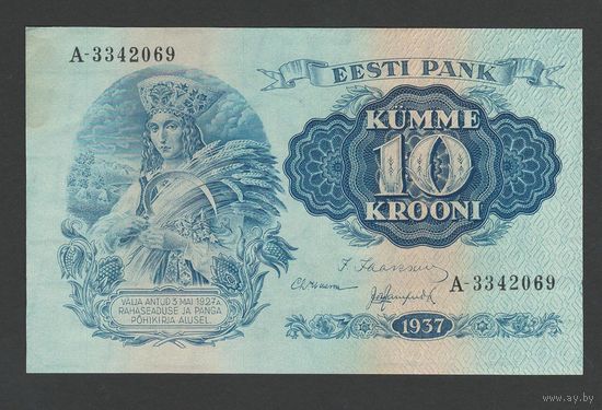 Эстония 10 крон 1937 года. Тип P-63. Состояние aUNC!