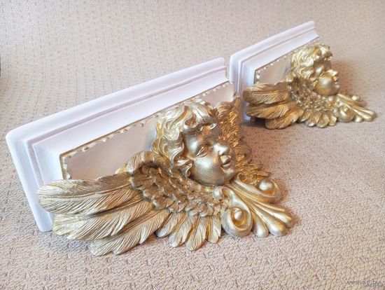 - 2 шт КРОНШТЕЙНЫ-АНГЕЛ 30х19х10 и 2 шт НАВЕРШИЕ КОЛОКОЛЬЧИК 11х11 см гипс позолота