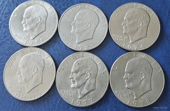 1 доллар 1971 1972 1974 1976 1977 1978 США  Эйзенхауэр 6 монет все МД Денвер