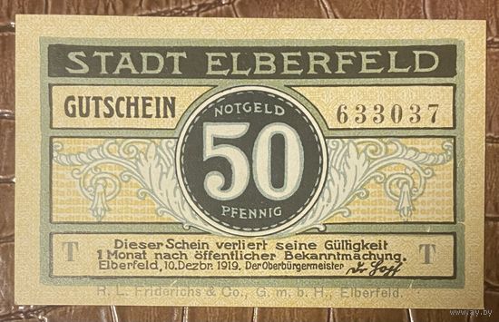 Нотгельд , 50 пфеннигов, Эльберфельд 1919 год. Веймарская республика