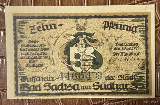 Нотгельд 10 пфеннигов 1921 год. Бад-Закса. Веймарская республика