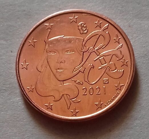 1 евроцент, Франция 2021 г., AU
