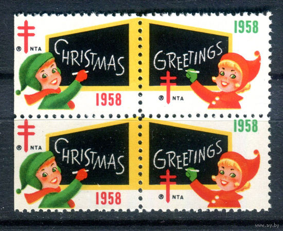 США, виньетки - 1958г. - Рождество, Новый Год. Борьба с туберкулёзом - 1 кварт - MNH. Без МЦ!