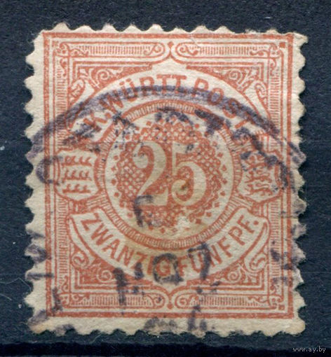 Королевство Вюртемберг - 1875г. - 25 Pf - 1 марка - гашёная [Mi 48]. #1-Wu-12-A-1