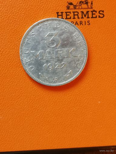 Германия, 3 марки "А", 1922 год, Алюминий, 2g, KM# 28