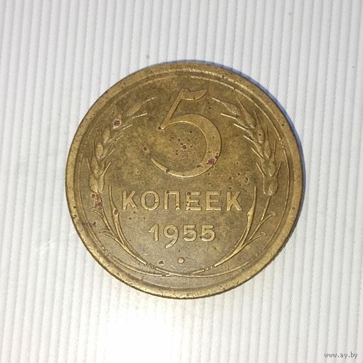 5 копеек 1955 года СССР. Красивая родная патина! Достойный сохран!
