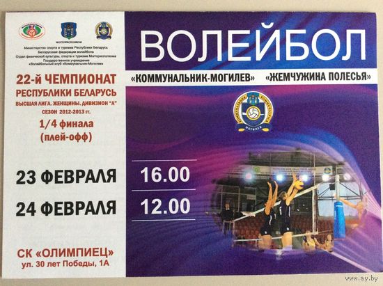 Программа (женский волейбол). Коммунальник (Могилев) - Жемчужина Полесья (Мозырь). 23-24.02.2013