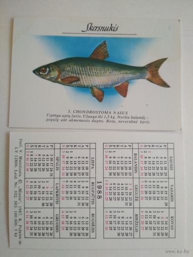 Карманный календарик. Рыбы, Литва. 1988 год