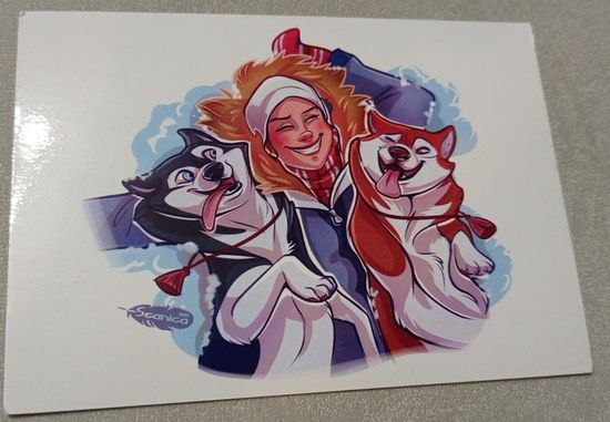 Посткроссинг. Открытка "С хаски не соскучишься", худ.Анастасия Серебренникова (10х15). Прошла почту. Художественные марки, чёткий штемпель.