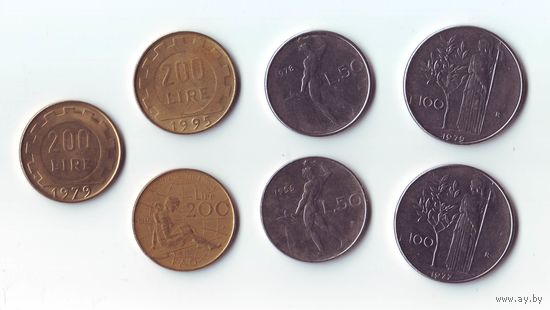 200 лир 1979, 1995, 1980. 100 лир 1977, 1979. 50 лир 1955, 1978. Италия.