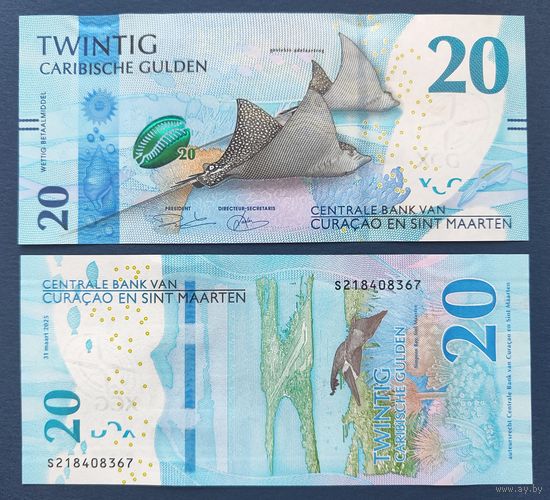 Кюрасао и Сен-Мартен, 20 гульденов 2025 г, P-W2 (S, пятнистый орляк, Симпсон-Бей в Сен-Мартене), UNC