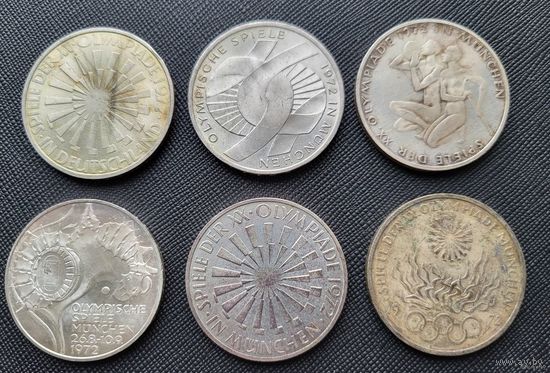 10 марок Германии 1972 х6 монет! Полный комплект! XX летние Олимпийские Игры, Мюнхен 1972! Гамбург, Штутгарт! Серебро 93 грамма 625 пробы 1,869 унции! ВОЗМОЖЕН ОБМЕН!