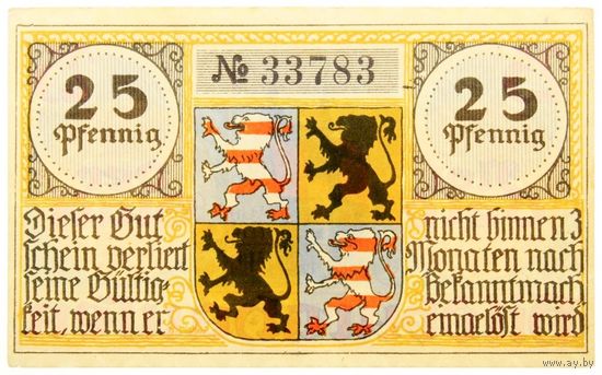 РАСПРОДАЖА!!! - ГЕРМАНИЯ ХИЛЬДБУРГХАУЗЕН (ТЮРИНГИЯ) 25 пфеннигов 1921 год - BU!