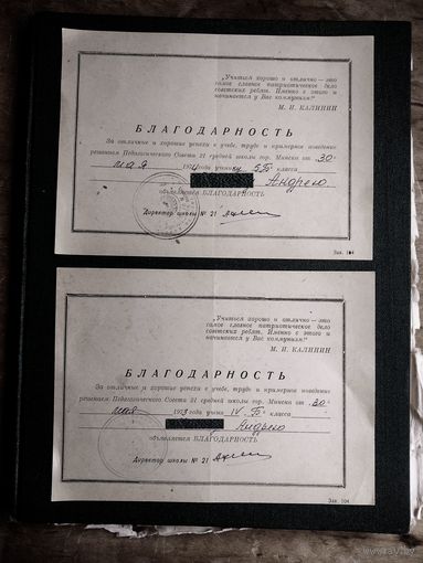 Благодарность за отличные и хорошие успехи в учебе. 1973, 1974 г. Минск. СШ N 21. Цена за 1.