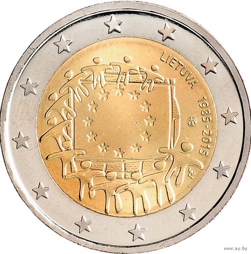 2 евро 2015 Литва 30 лет флагу ЕС UNC из ролла
