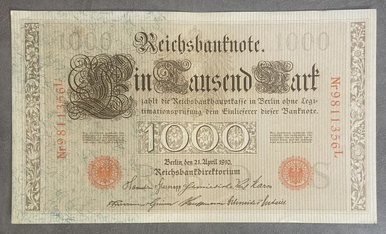 Банкнота 10000 марок 1910 год. Красная печать. Германская империя. С рубля без МЦ.