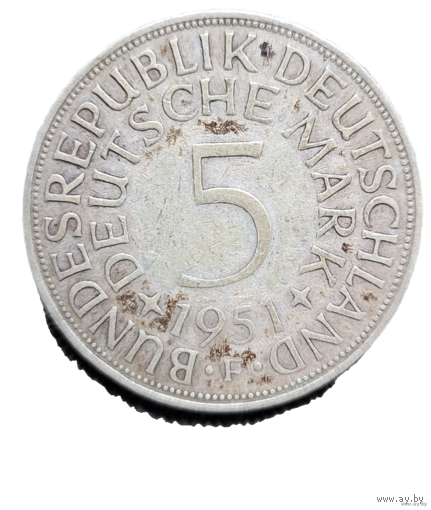 5 марок 1951 F ФРГ Первый год чекана! Серебро 11.2 грамма 625 пробы 0,225 унции! ВОЗМОЖЕН ОБМЕН!