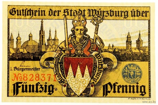 РАСПРОДАЖА!!! - ГЕРМАНИЯ ВЮРЦБУРГ (БАВАРИЯ) 50 пфеннигов 1920 год - UNC!