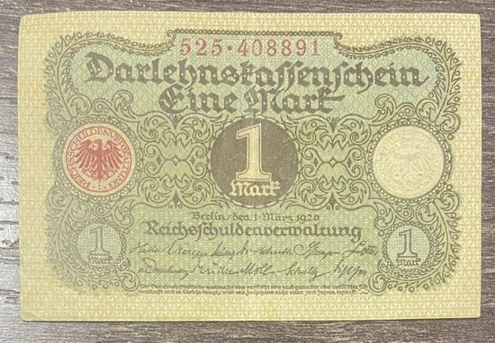 Банкнота 1 марка 1920 год. Веймарская республика.