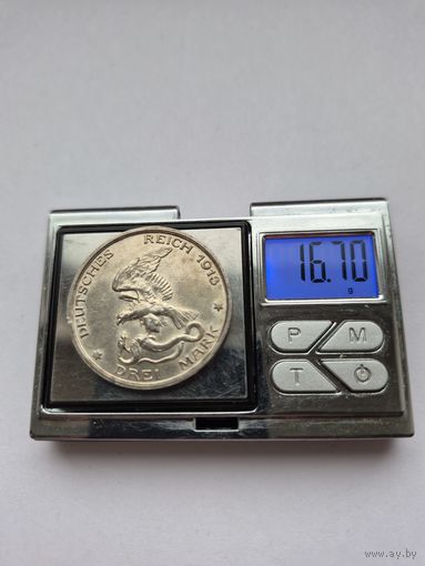 3 марки 1913 года. 100 лет объявлению войны против Франции. Серебро 900. Монета не чищена. В2 45591.